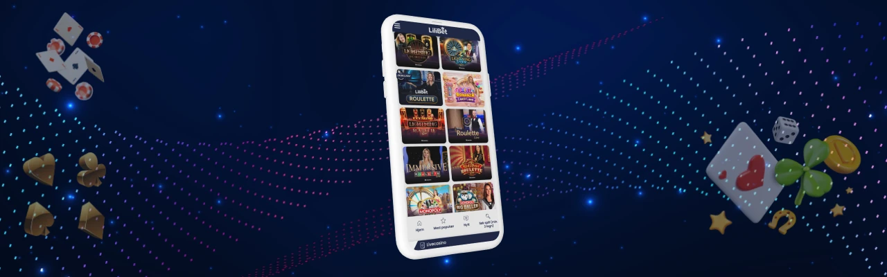 Skjermbilde av Lilibet mobilapp med live casino og spilleautomater